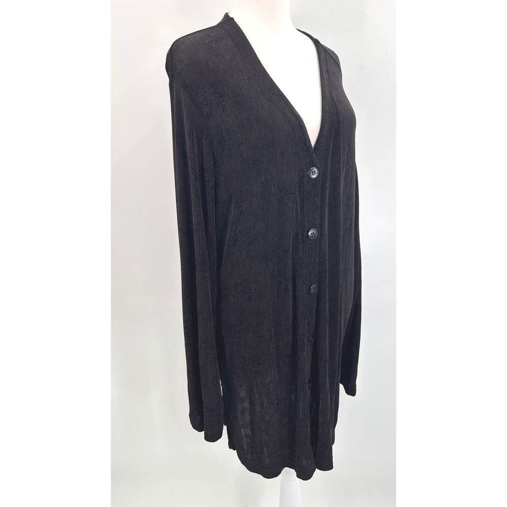 Carole Little Black Ribbed Long Cardigan Duster Floral Texture 1X Plus Size - Picture 2 of 14